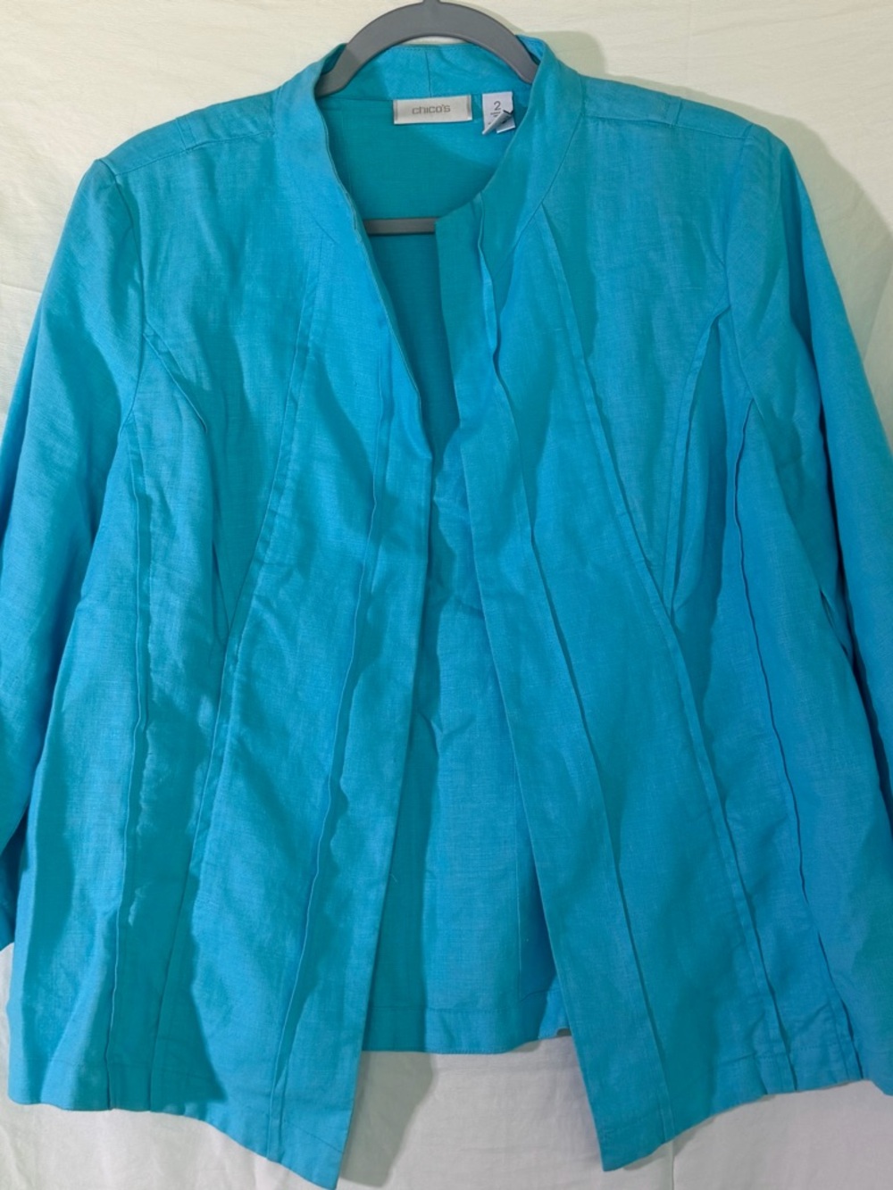 Chico's Bright Teal Open Front Linen-Blend Jacket